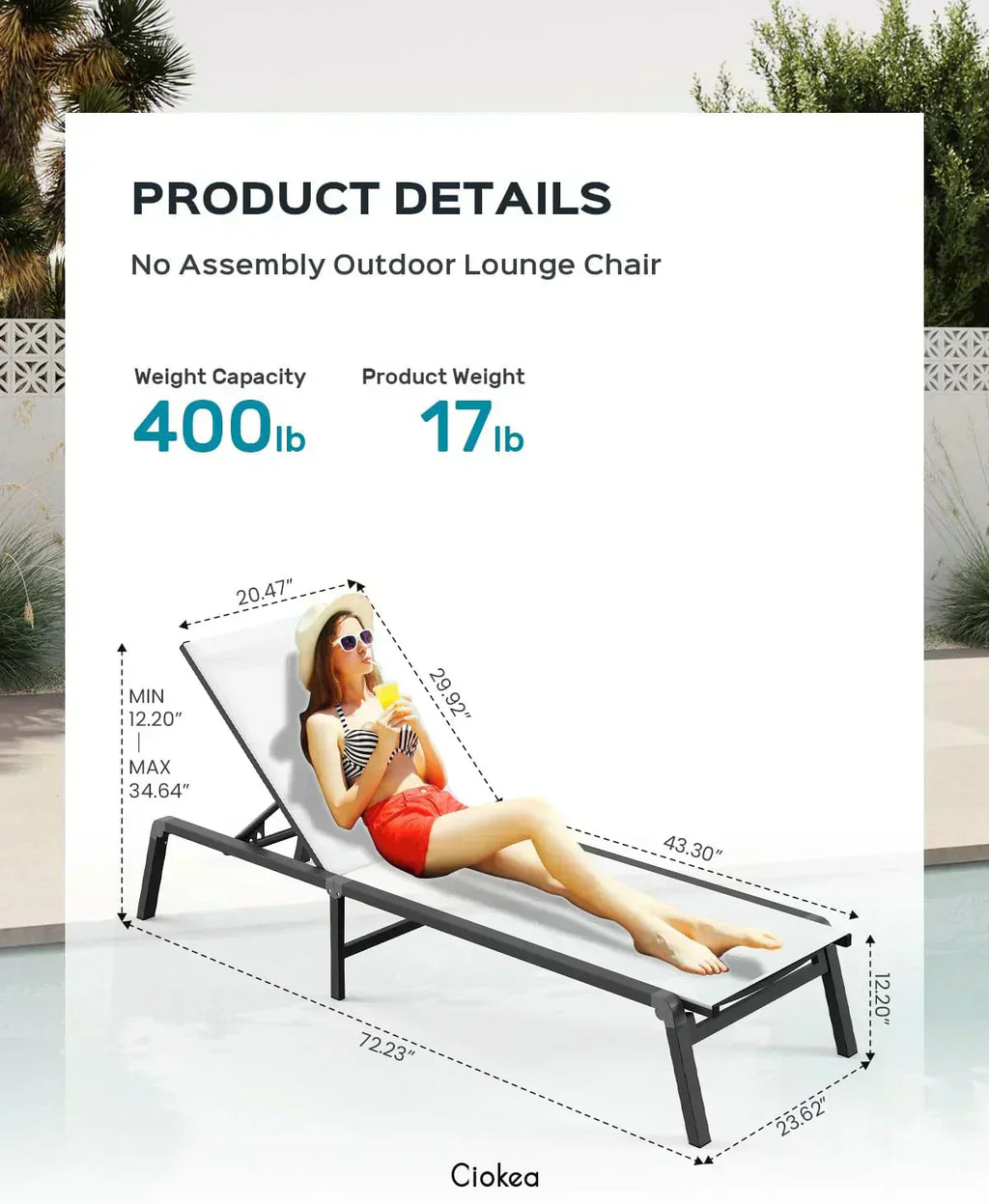 Aluminum Chaise Lounge Outdoor Foldable Assemble Free Outdoor Lounge Chair 5 Adjustable Backrest