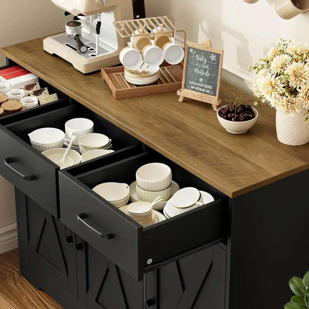Modern farmhouse sideboard barn door buffet storage cabinet with drawers and shelves