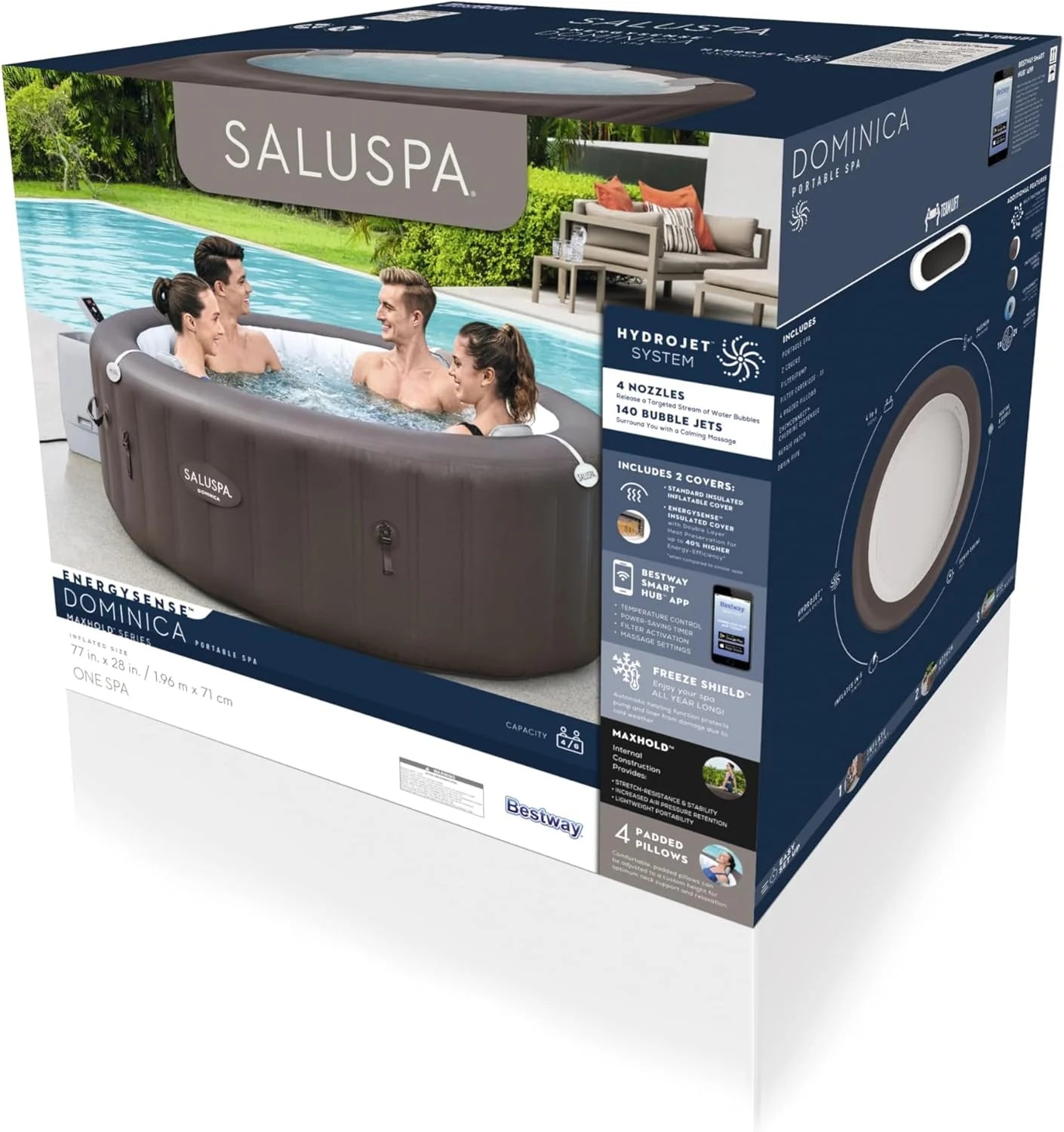 Bestway SaluSpa Miami EnergySense AirJet Inflatable Hot Tub Spa (71 x 26) | Portable Hot Tub with 2 Covers (1 Energy-Efficient Thermal Cover and 1 Standard Cover) | Fits Up to 2-4 Persons | Black