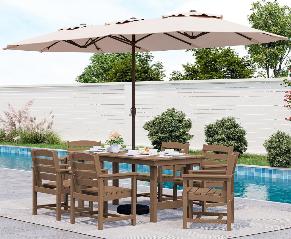 SERWALL 7-Piece Patio Dining Table Sets, Outdoor HDPE Dining Furniture Set with Umbrella Hole Cut-Out Table and 6 Chairs, Blue