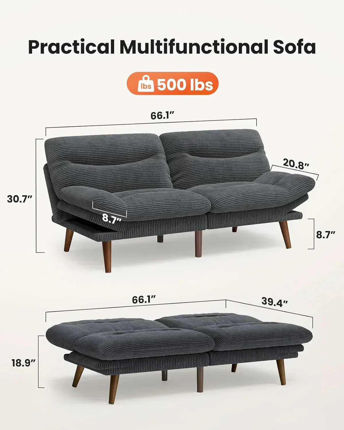 Convertible Futon Sofa Bed 66 Inch Corduroy Futon Sofa Recliner Sofa Bed for Small Spaces