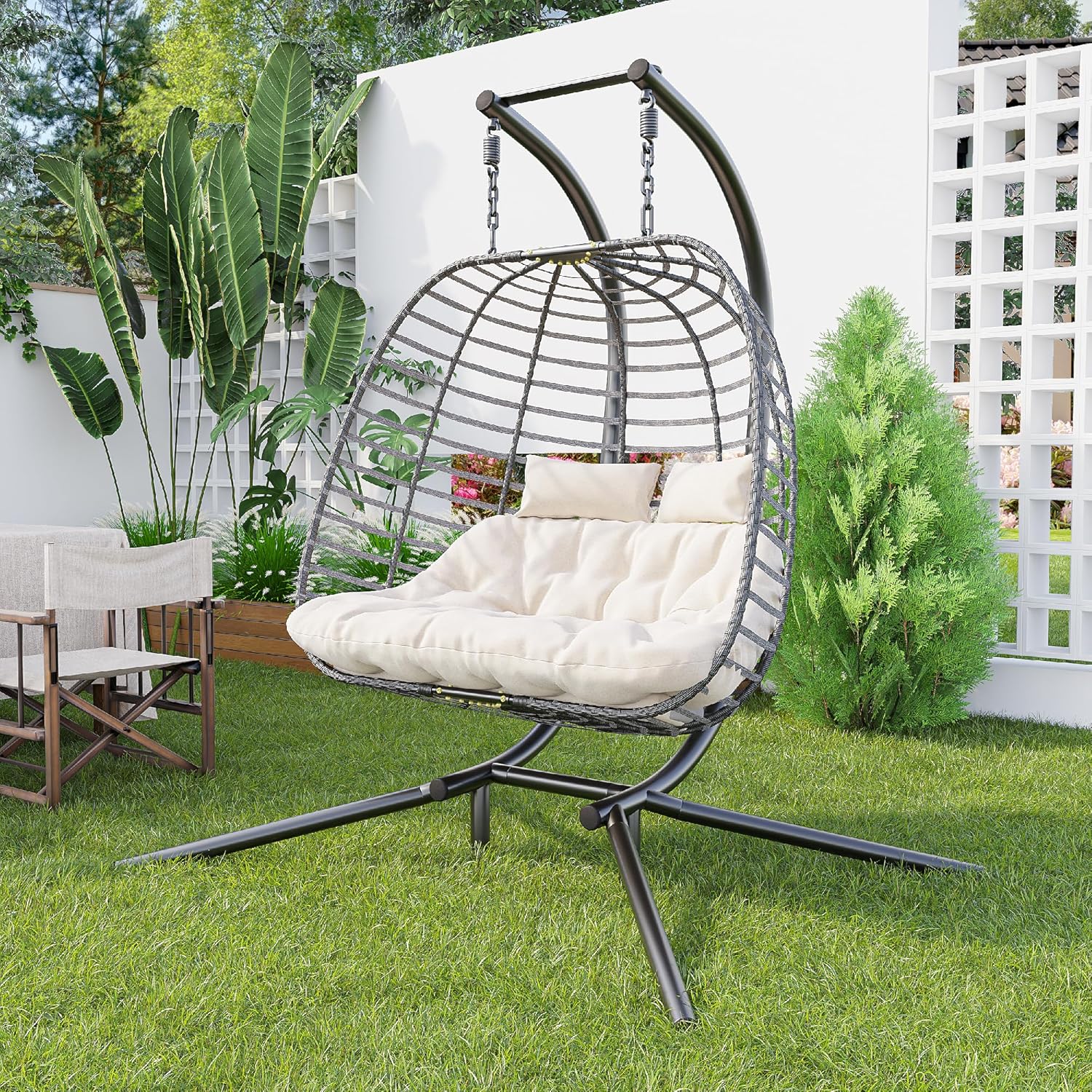 HWB Hanging Egg Chair Patio Wicker Hammock Egg Swing Chair with Cushion for Bedroom