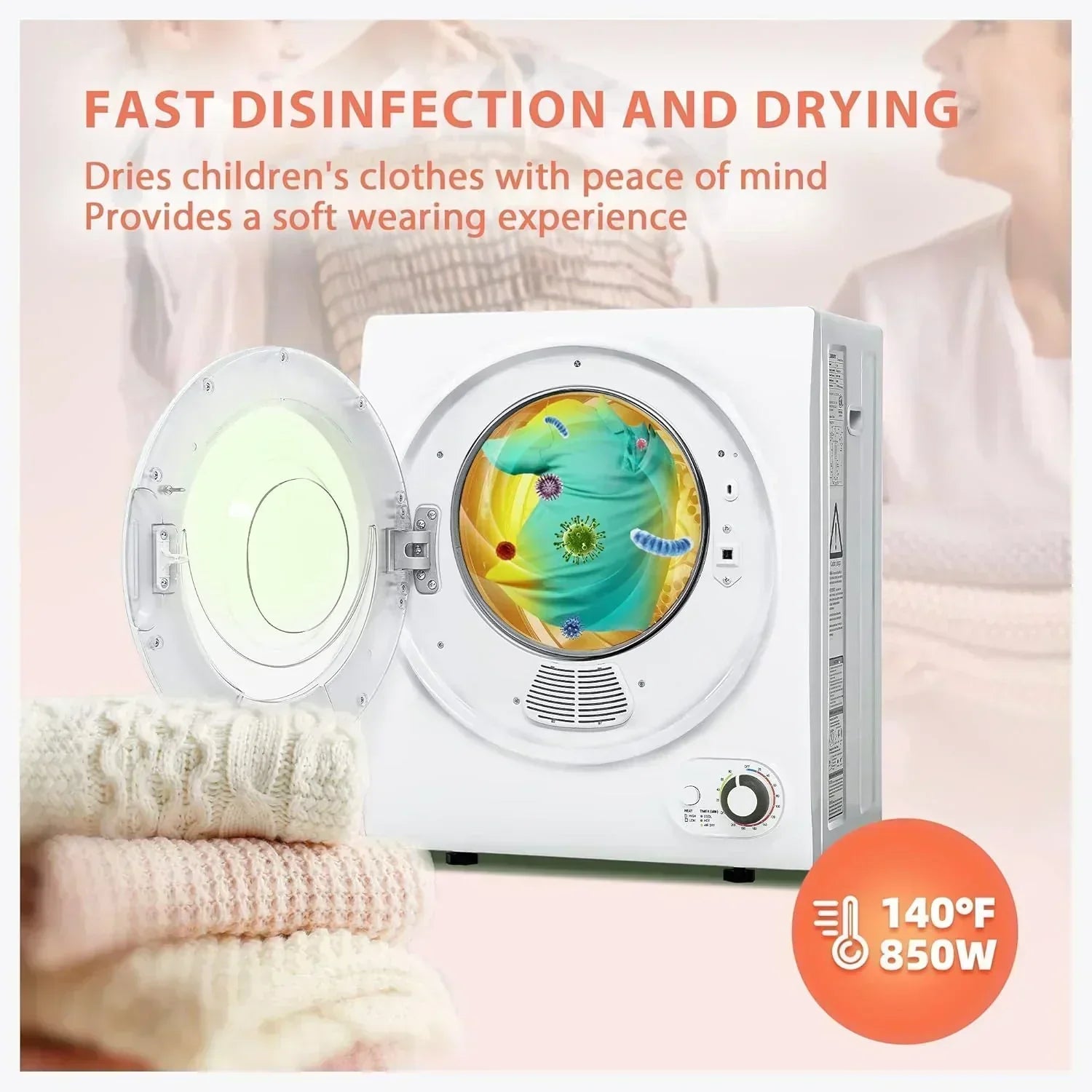 Compact Laundry Dryer 3.5 cu ft Front Load Stainless Steel Clothes Dryers With Exhaust Pipe