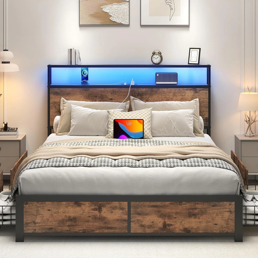 Lifezone Queen Bed Frame with 2-Tier Storage Headboard, Metal Platform Bed Frame with 4 Storage Drawers, Built in Charging Station & LED, Noise-Free/Metal Support/No Box Spring Needed
