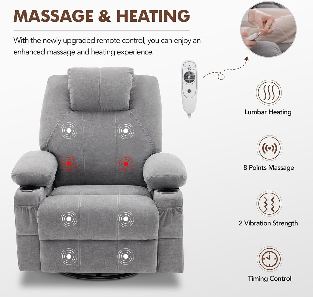 Large Swivel Rocking Recliner with Massage Function 360 Degree Swivel Rocking Single Sofa