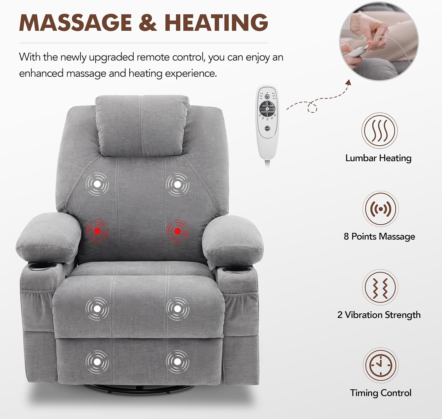 Large Swivel Rocking Recliner with Massage Function 360 Degree Swivel Rocking Single Sofa