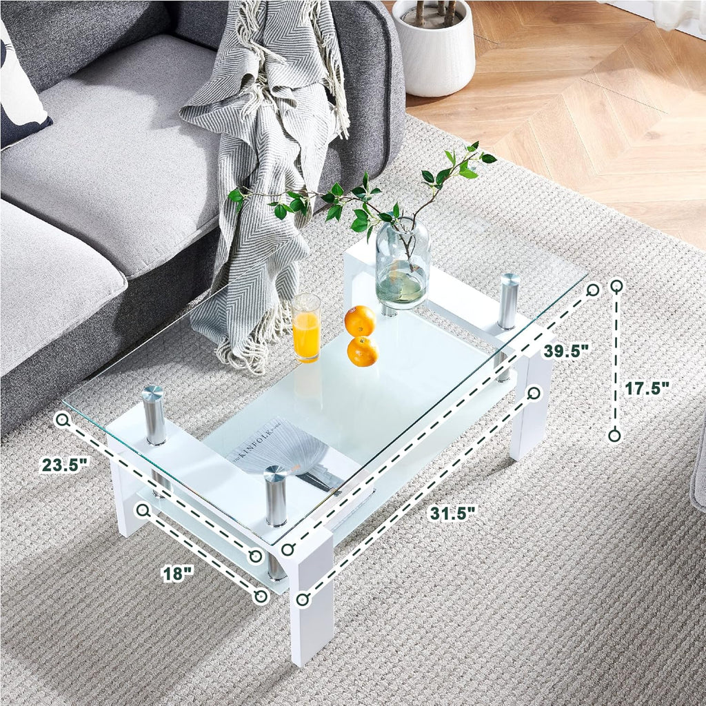 Living Room Rectangle Coffee Table, Tea Table Suitable for Waiting Room, Modern Side Coffee Table with Wooden Leg, Glass Tabletop