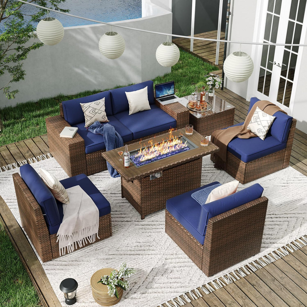 Aoxun 8 Piece Patio Furniture Set with 44?Fire Pit Table Wicker Rattan Outdoor Sectional Sofa Set with Coffee Table and Thickened Cushions, Beige (Waterproof Cover Included)