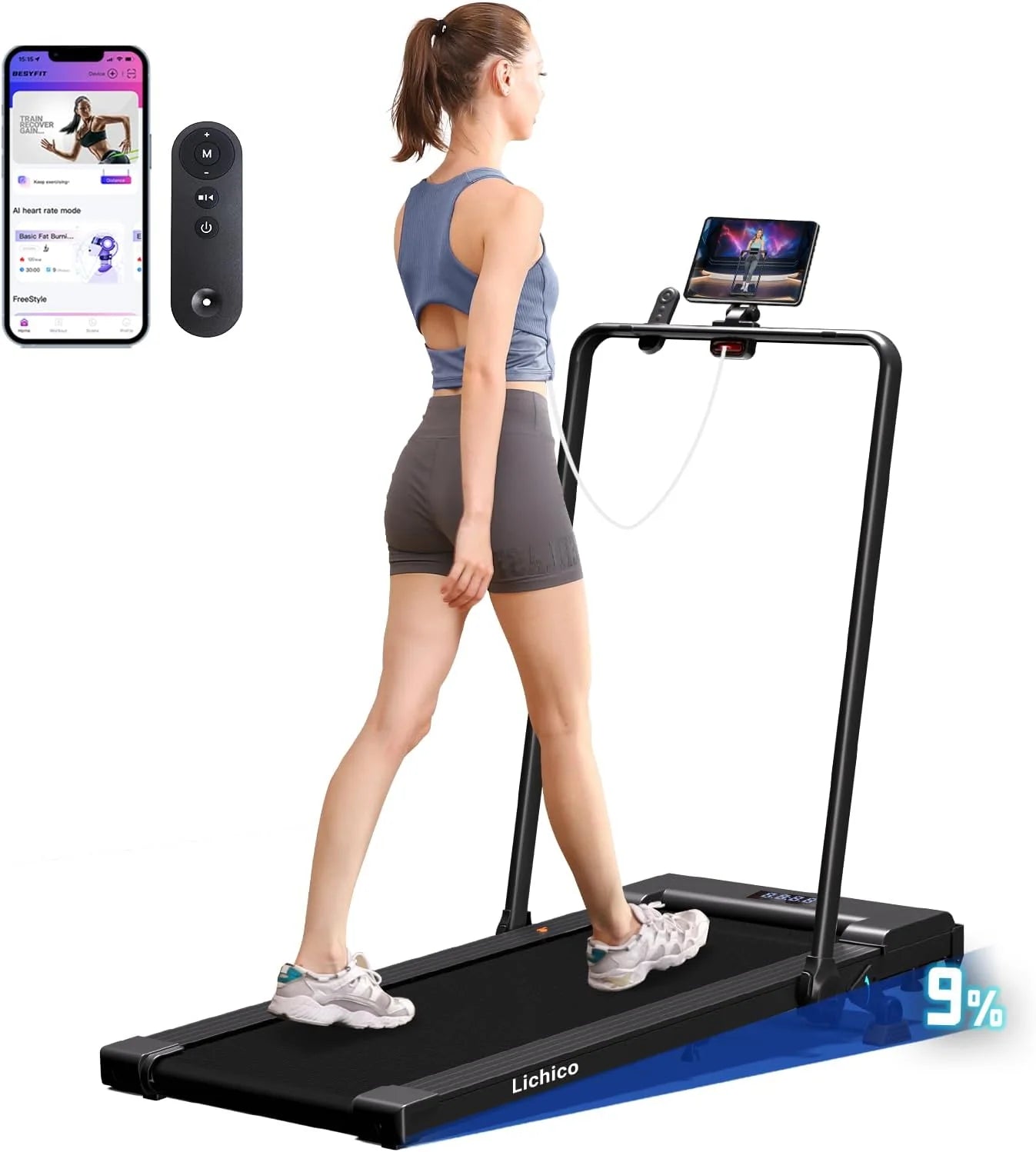 Lichico Walking Pad Under Desk Treadmill, Ultra-Quiet Brushless Electric Walking and Jogging Treadmill with Remote Control