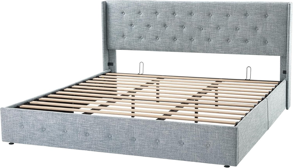 Allewie Queen Size Lift Up Storage Bed Modern Wingback Headboard Hydraulic Support