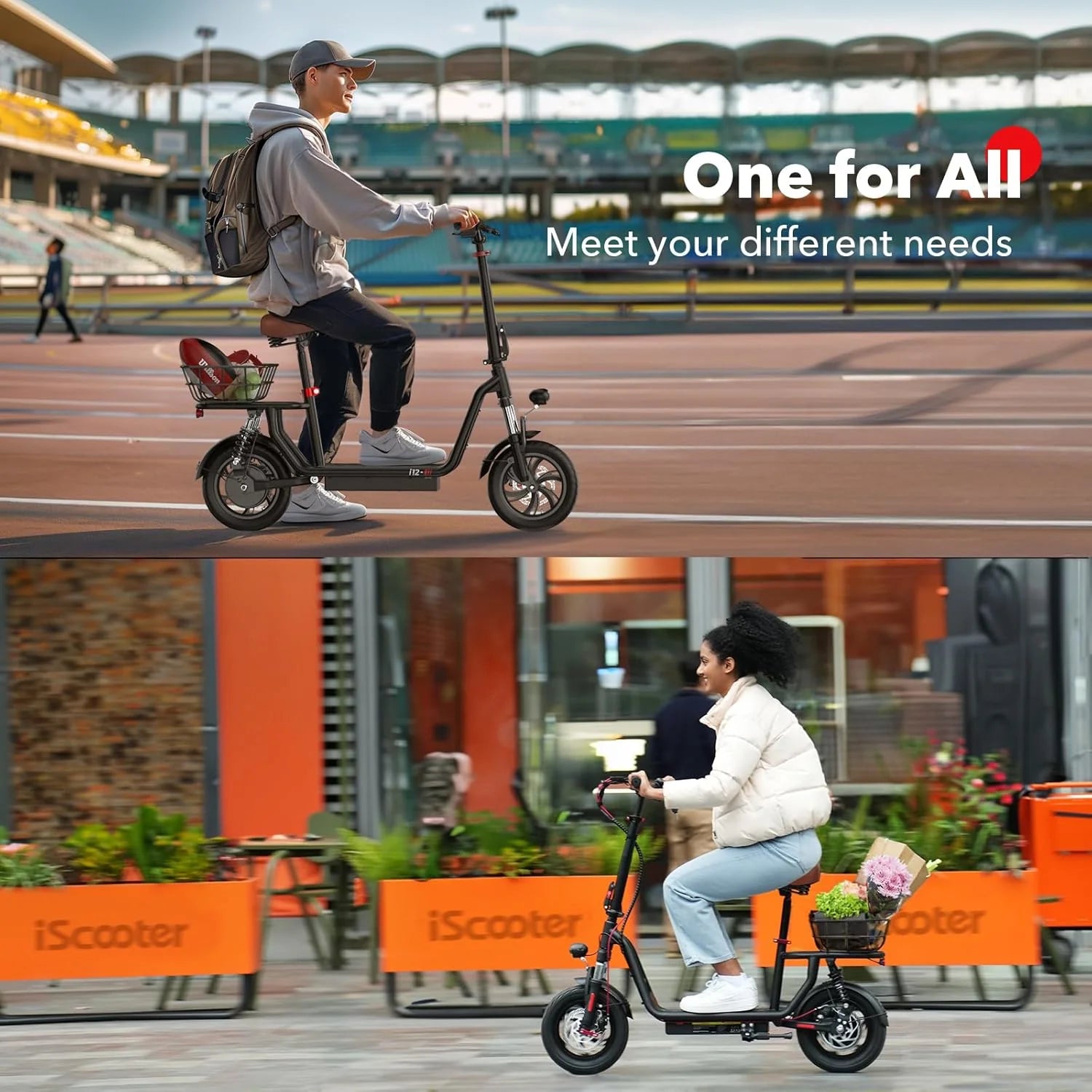 iScooter electric scooter with seat, 37/21 mile range, 28/19/15.6 mph top speed, dual suspension scooter with basket