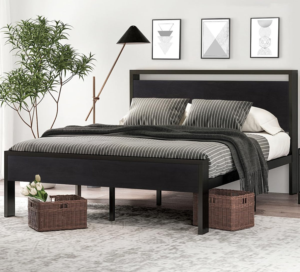 SHA CERLIN 14 Inch Queen Size Metal Platform Bed Frame with Wooden Headboard and Footboard