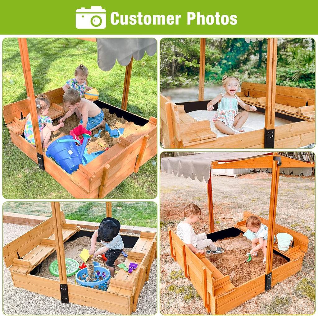 Kids Wooden Outdoor Sandbox Canopy 2 Foldable Bench Seats Retractable Roof Sand Protection Liner
