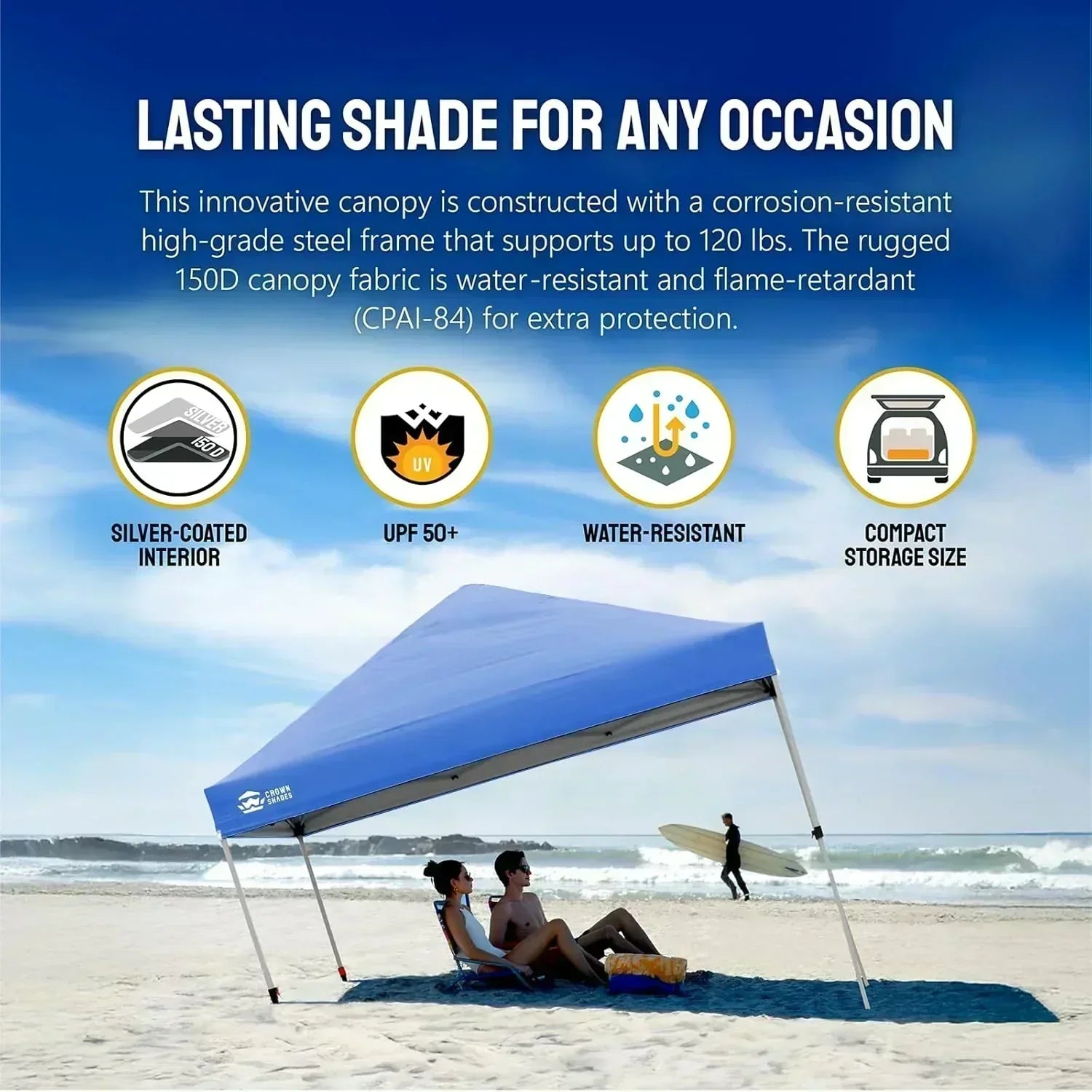 10x10 Pop-Up Awning One-Click Installation Beach Tent Outdoor Sunshade Silver Coated Top