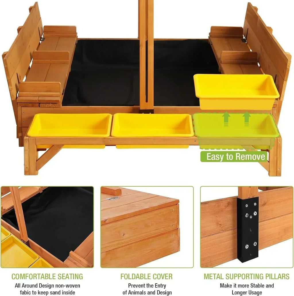 Kids Wooden Outdoor Sandbox Canopy 2 Foldable Bench Seats Retractable Roof Sand Protection Liner