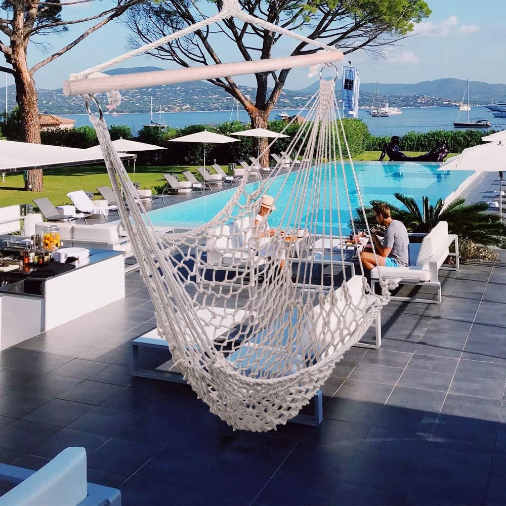 ONCLOUD Hammock Chair Hanging Rope Swing, Load Capacity Up to 550 LBS Macrame Hammock Swing Seat with Two Cushions, Hammock Seats with Portable Steel Spreader Bar for Indoor/Outdoor, Black