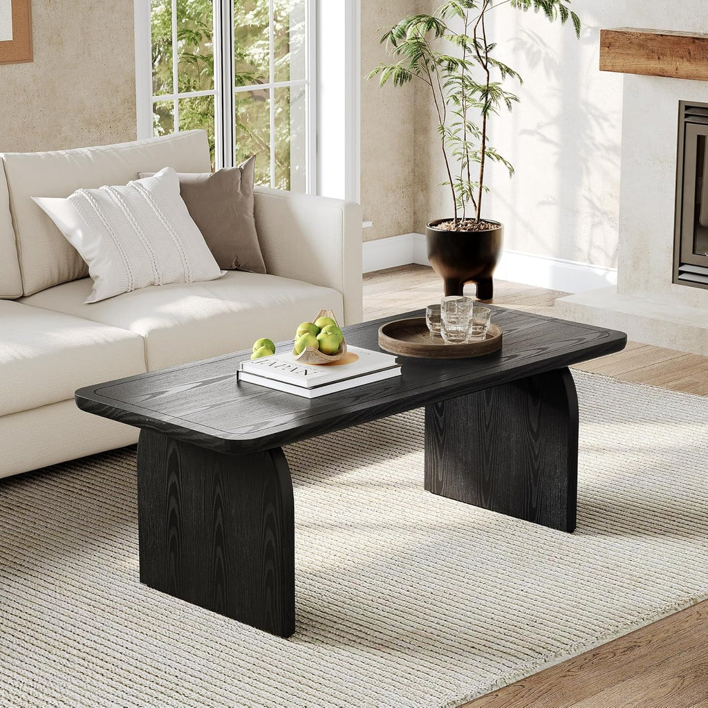 LITTLE TREE Farmhouse Coffee Table 47 Inch Round Corner Wood Center Table Rectangular