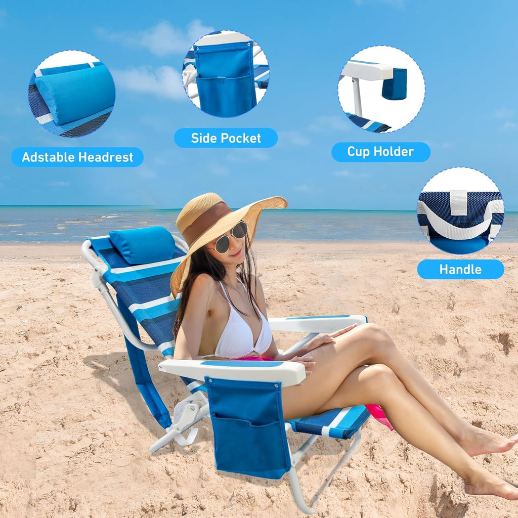Beach Chair 2 Pack 5 Positions Textilene Folding Reclining Beach Chair with Straps Cooler Bag