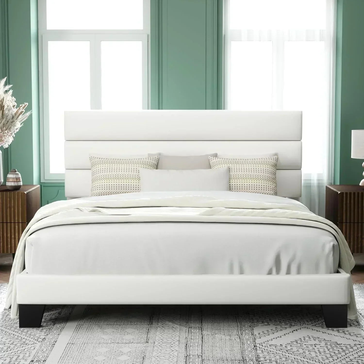 Allewie Queen Size Platform Bed Frame with Fabric Upholstered Headboard Wooden Slats Support