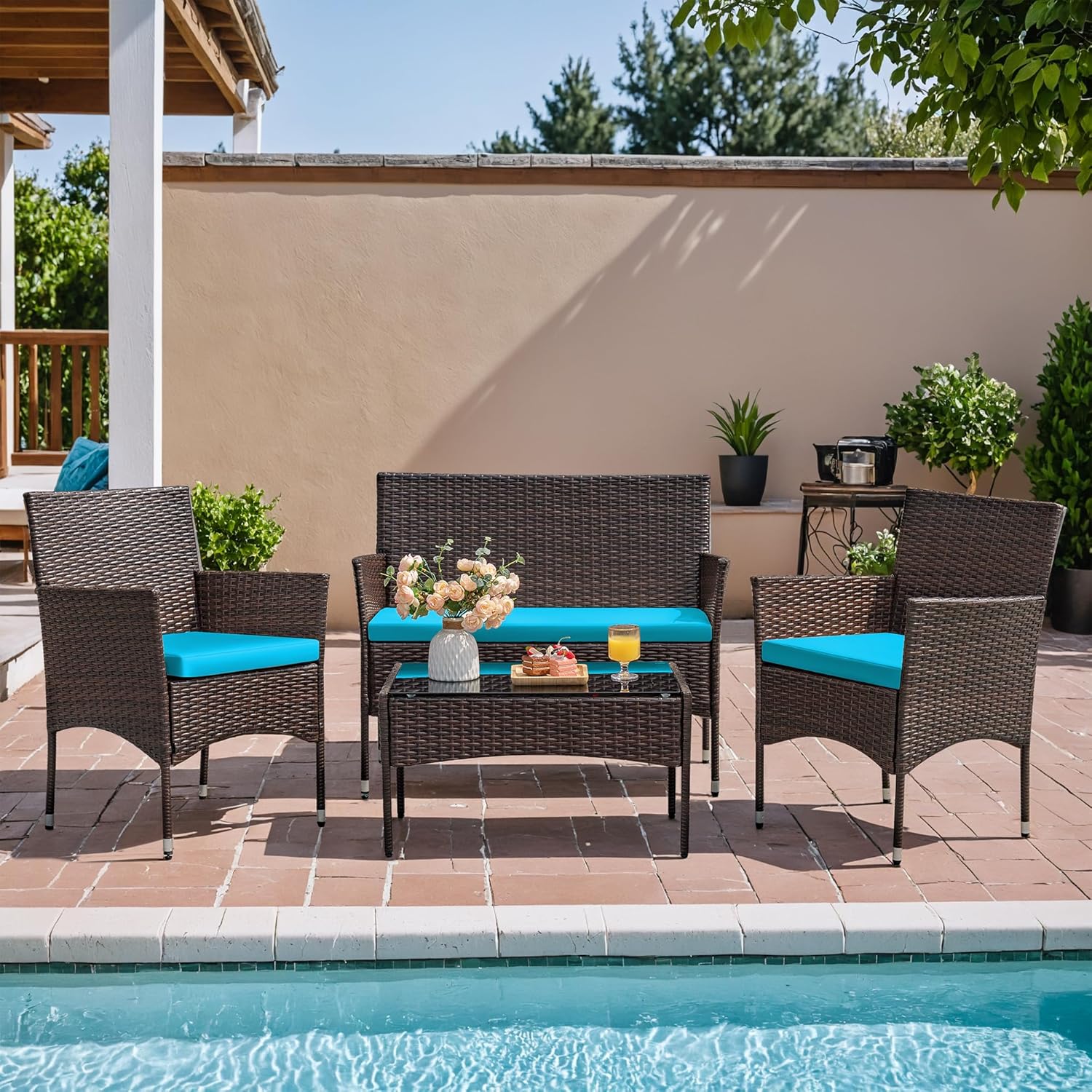 Homall 4 Pieces Outdoor Patio Furniture Sets Rattan Chair Wicker Set, Outdoor Indoor Use Backyard Porch Garden Poolside Balcony Furniture Sets Clearance (Brown and Beige)