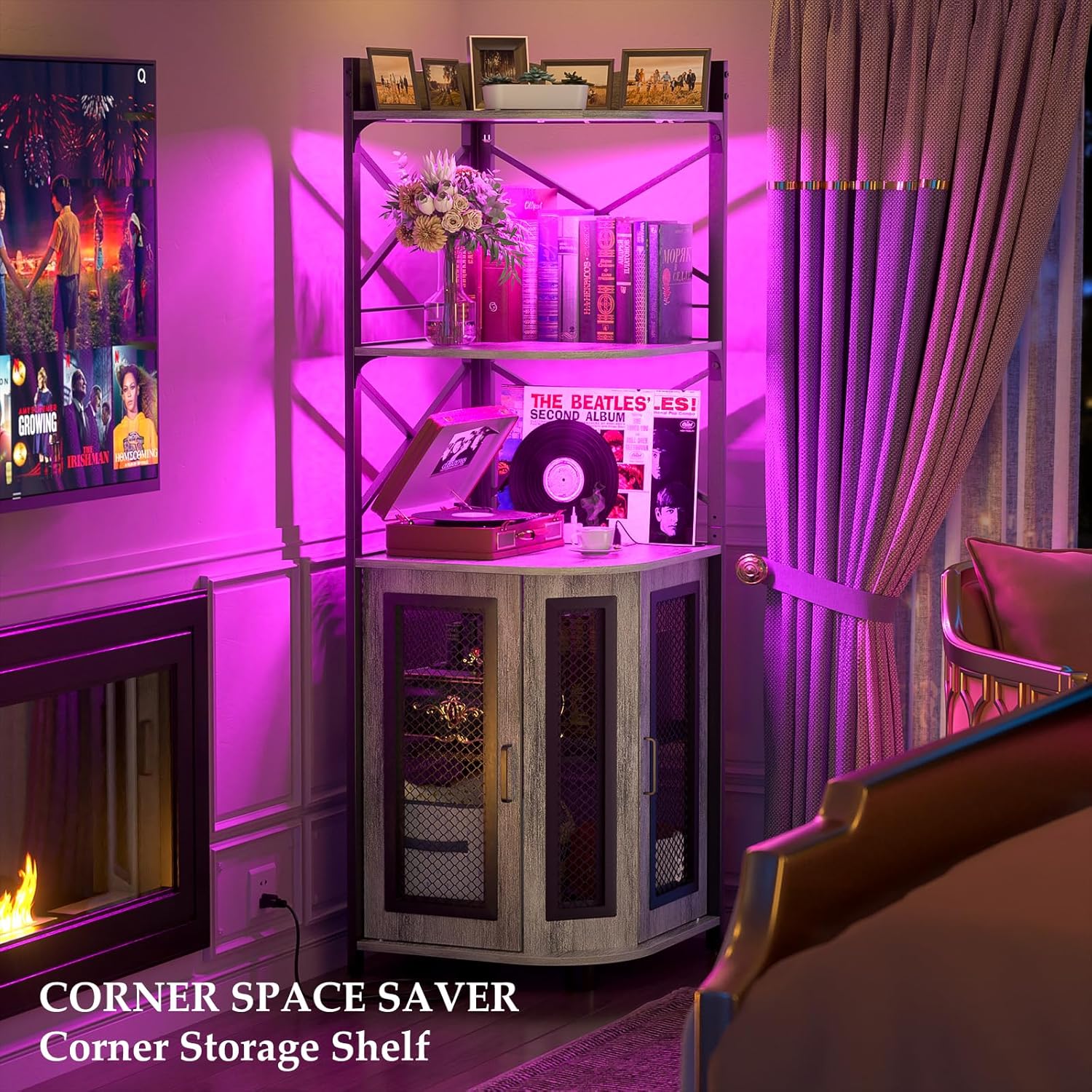 Corner bar cabinet with power socket, industrial style wine cabinet with LED light strip and glass rack, home five-layer wine cabinet bar unit, small space corner display cabinet
