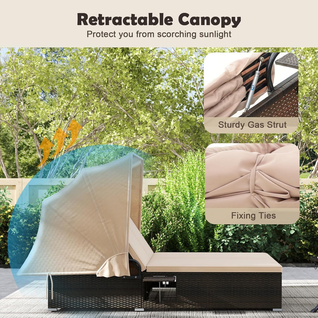 RELAX4LIFE Outdoor Daybed Retractable Canopy Wicker Double Chaise Lounge 6-Position Backrest