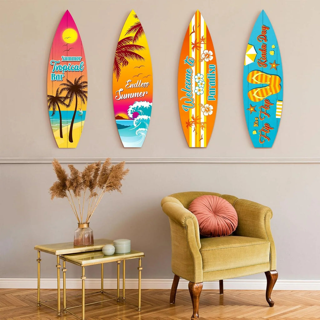 Blulu 4 Pcs Surfboard Wall Decor Surfboard Wall Hanging Sign Wooden Beach Decoration Summer Theme Decor Hawaiian Luau Party Decoration for Home Bar Aloha Tropical Birthday Party(Tiki)