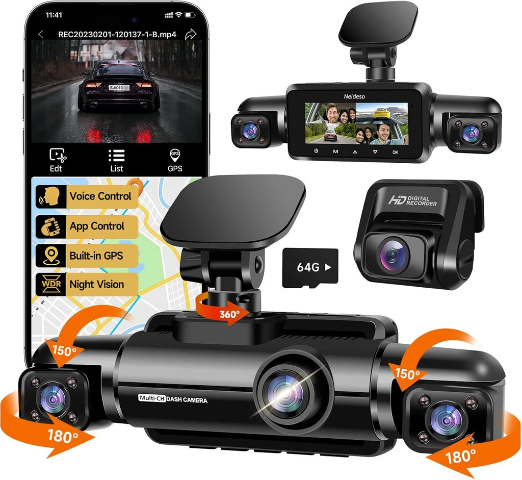 360�� Dash Cam 4-Channel FHD 4*1080P Wi-Fi GPS Voice Control Car Camera, Front 2K+1080P*2 Dash Cam, with 64GB SD Card, Night Vision, 24-Hour Parking Mode