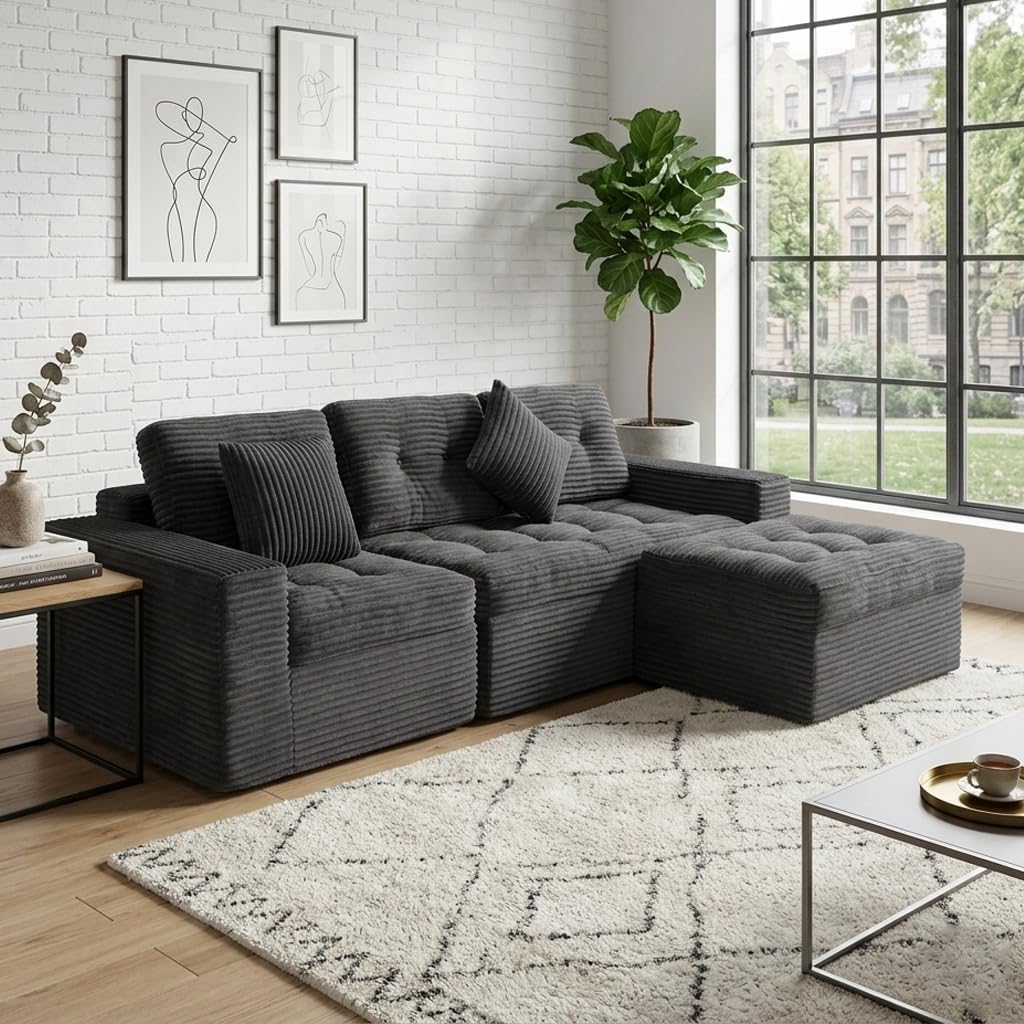 135 Oversized Compressed Sectional Sofa - 33D High-Density Foam Cloud Couch with Deep Seat - Minimalist 3-Piece Corduroy Upholstered Boneless Modular Lounge Couch | Breathable material, Full Foam, Anti-slip