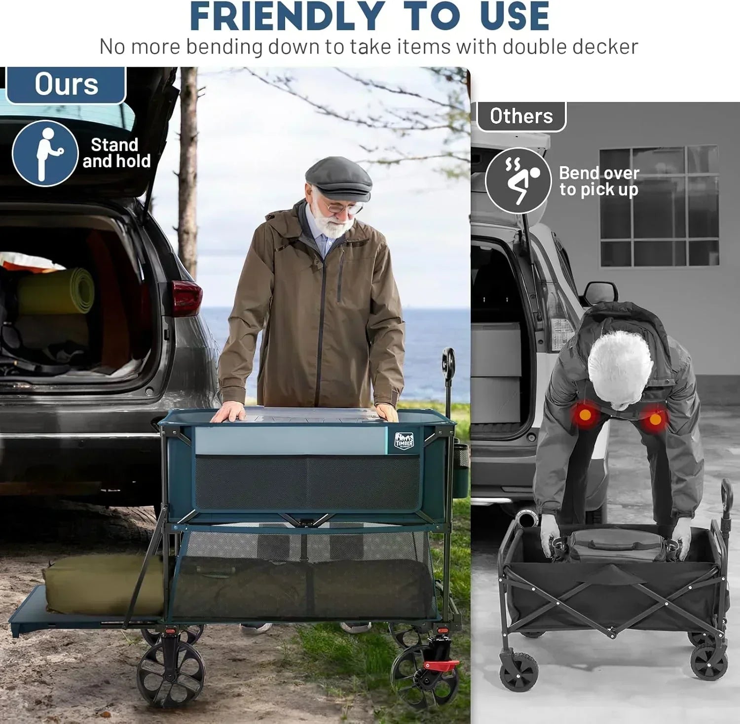 400L Large Capacity Folding Double Decker Cart with Brakes 54 Inch Extra Long Extended Cart