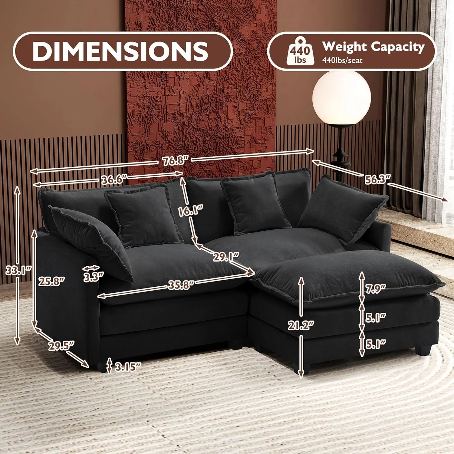 Ihanherry 146 U-Shaped Modern Sofa Modular Sectional Cloud Couch with 2 Ottoman, 6-Seat Chenille Deep Seat Sofa with 6 Pillows for Living Room, Bedroom and Apartment, Grey