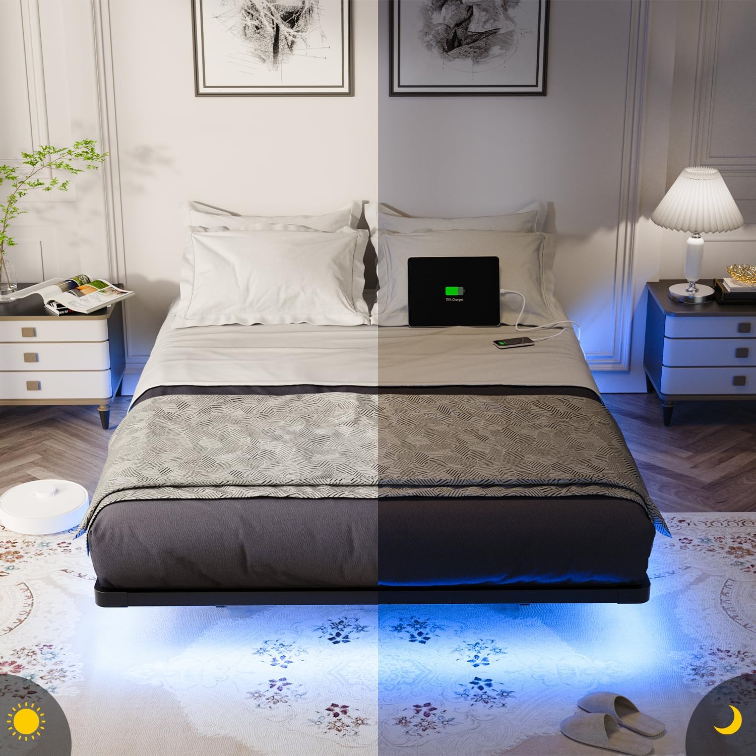 OLEVS Floating Bed Frame Queen Size with Smart LED Lights Modern Metal Platform Bed