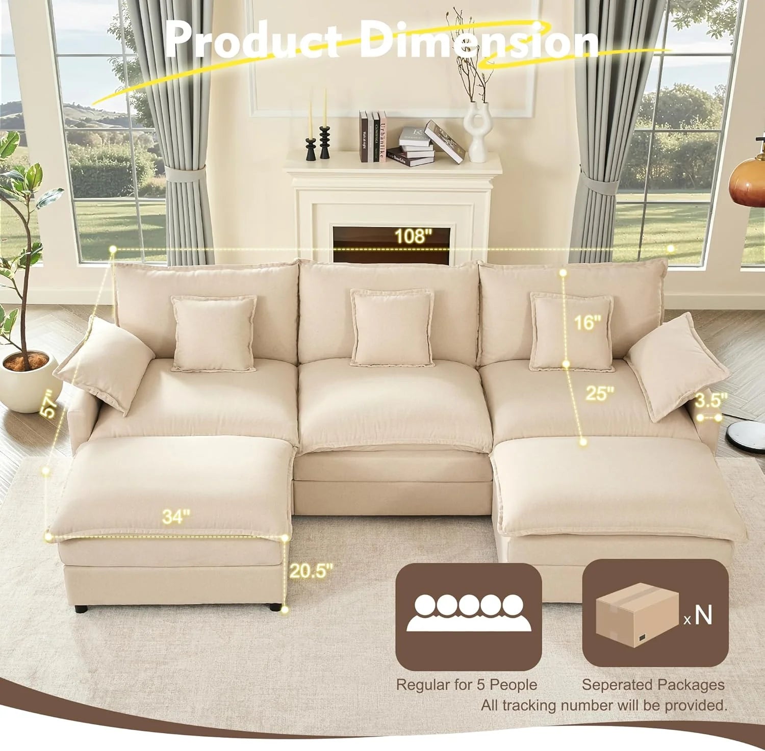 108 Inch U Shape Sofa Sectional Sofa Comfortable Cloud Sofa with Removable Footstool