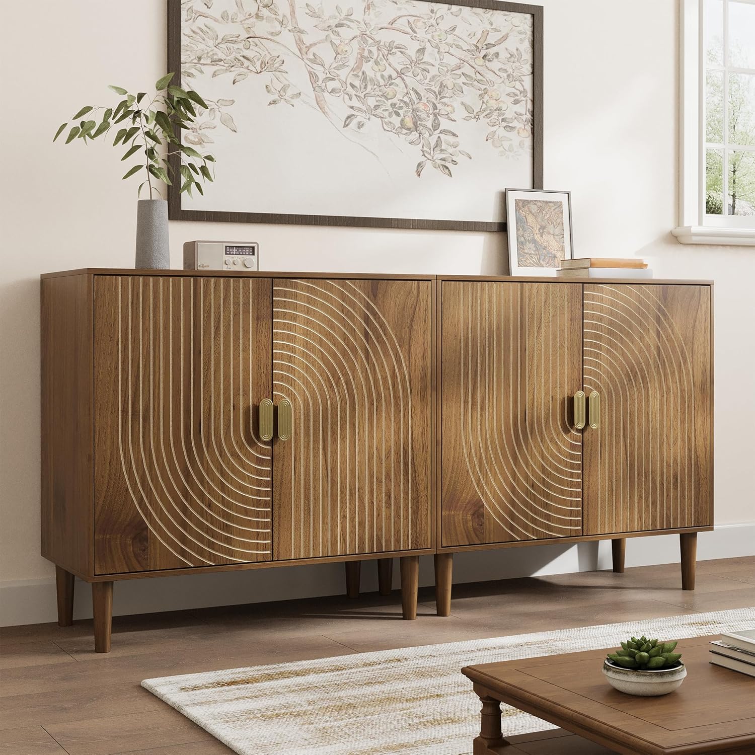 Walnut sideboard freestanding dining cabinet with cable channel design wooden storage cabinet