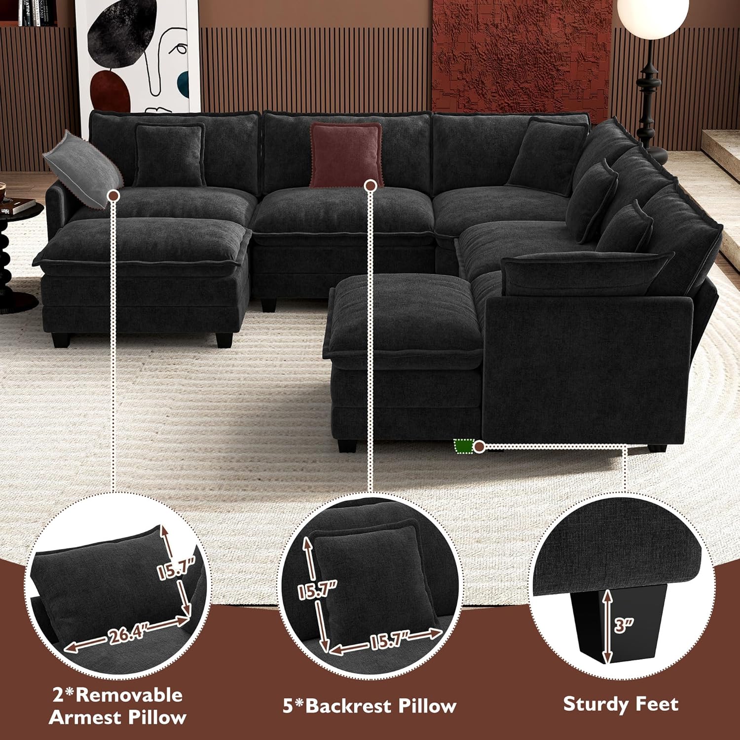 Ihanherry 146 U-Shaped Modern Sofa Modular Sectional Cloud Couch with 2 Ottoman, 6-Seat Chenille Deep Seat Sofa with 6 Pillows for Living Room, Bedroom and Apartment, Grey