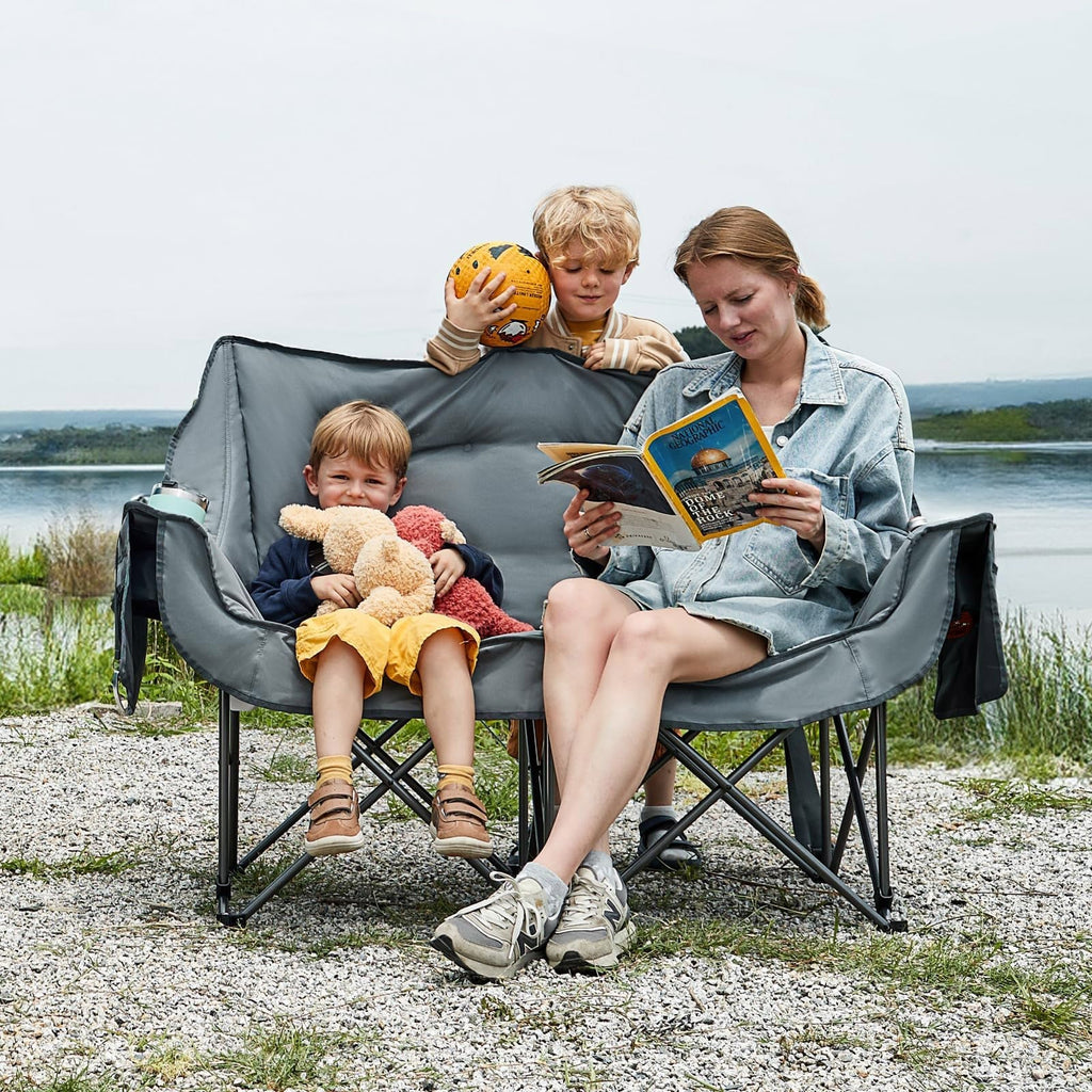 Double Camping Chair for Two Adults Folding Padded Loveseat with Cup Holders and Carry Bag 600 lbs