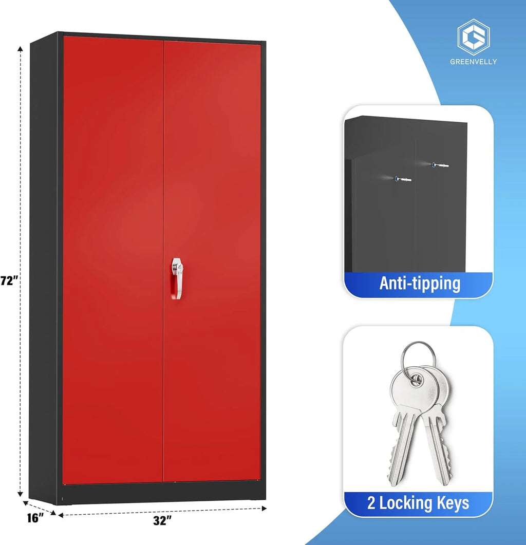 Greenvelly Metal Storage Cabinet, 72 Black Locking Metal Cabinet with 2 Doors and 4 Adjustable Shelves, Lockable Garage Storage Cabinets for Home Office, Garage, Kitchen, Living Room