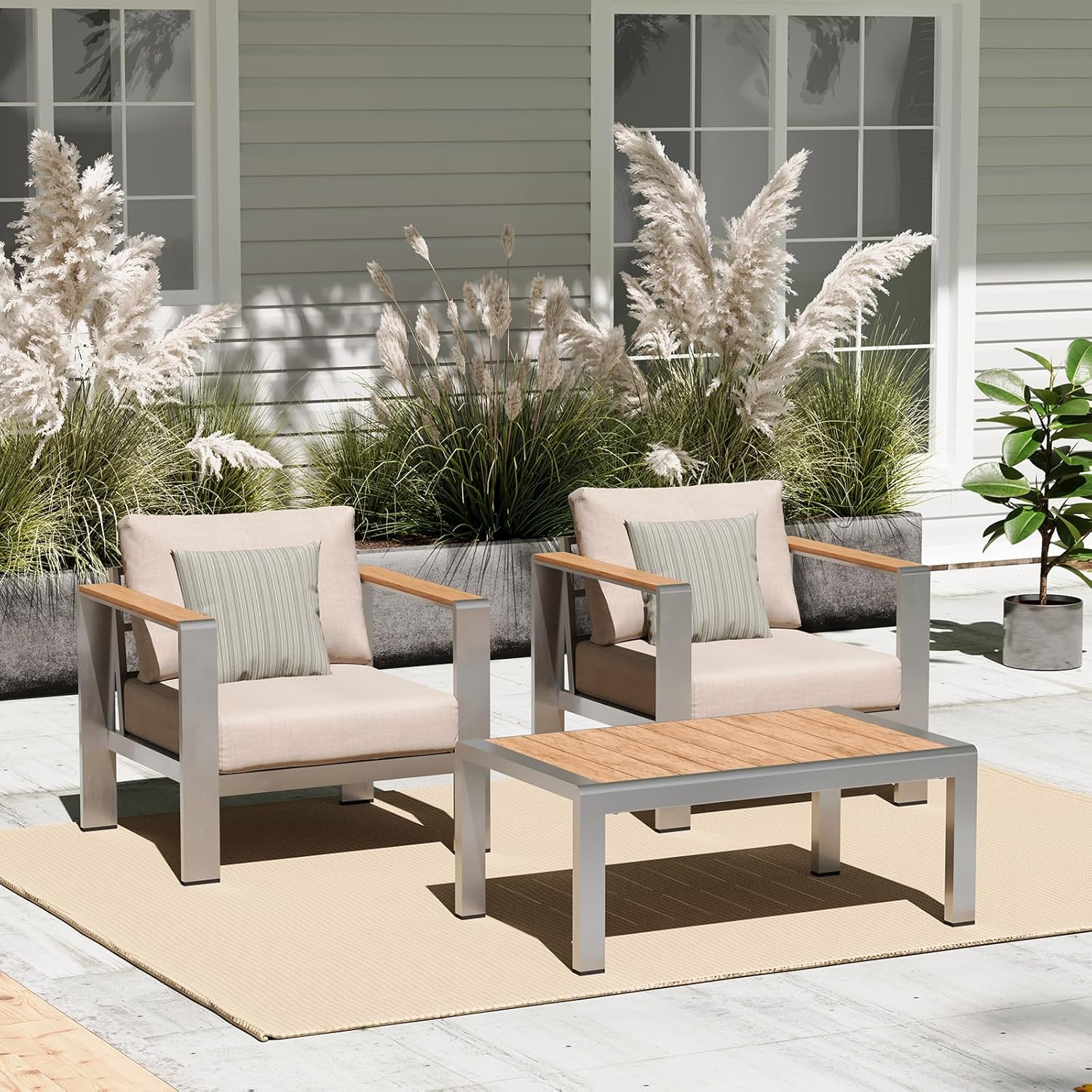 Aluminum Outdoor Patio Furniture Set with Coffee Table, 4 Piece Patio Conversation Sets with Washable Thick Cushions