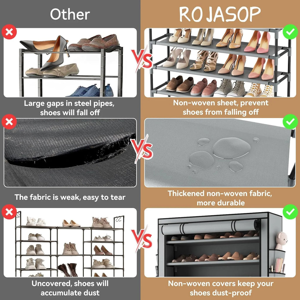 ROJASOP 10 Tier Shoe Rack with Covers Large Capacity Stackable Tall Shoe Shelf Storage
