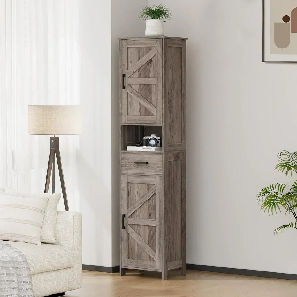 Homhedy 67 H Tall Bathroom Storage Cabinet with 2 Barn Doors and 1 Drawer Narrow Storage Unit