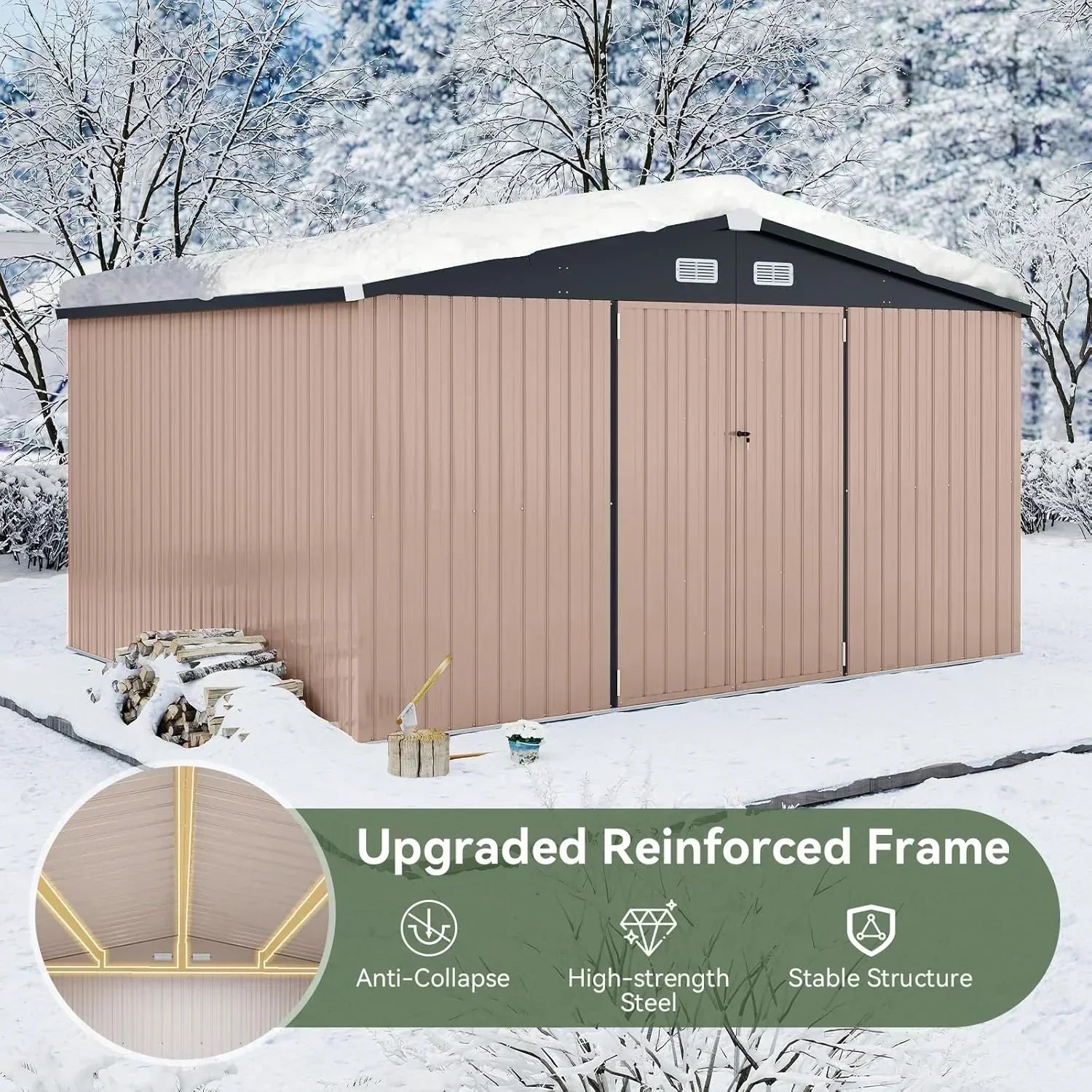 Aoxun 12x10 FT Shed Metal Outdoor Waterproof Storage Shed Steel Utility Garden Tool Shed