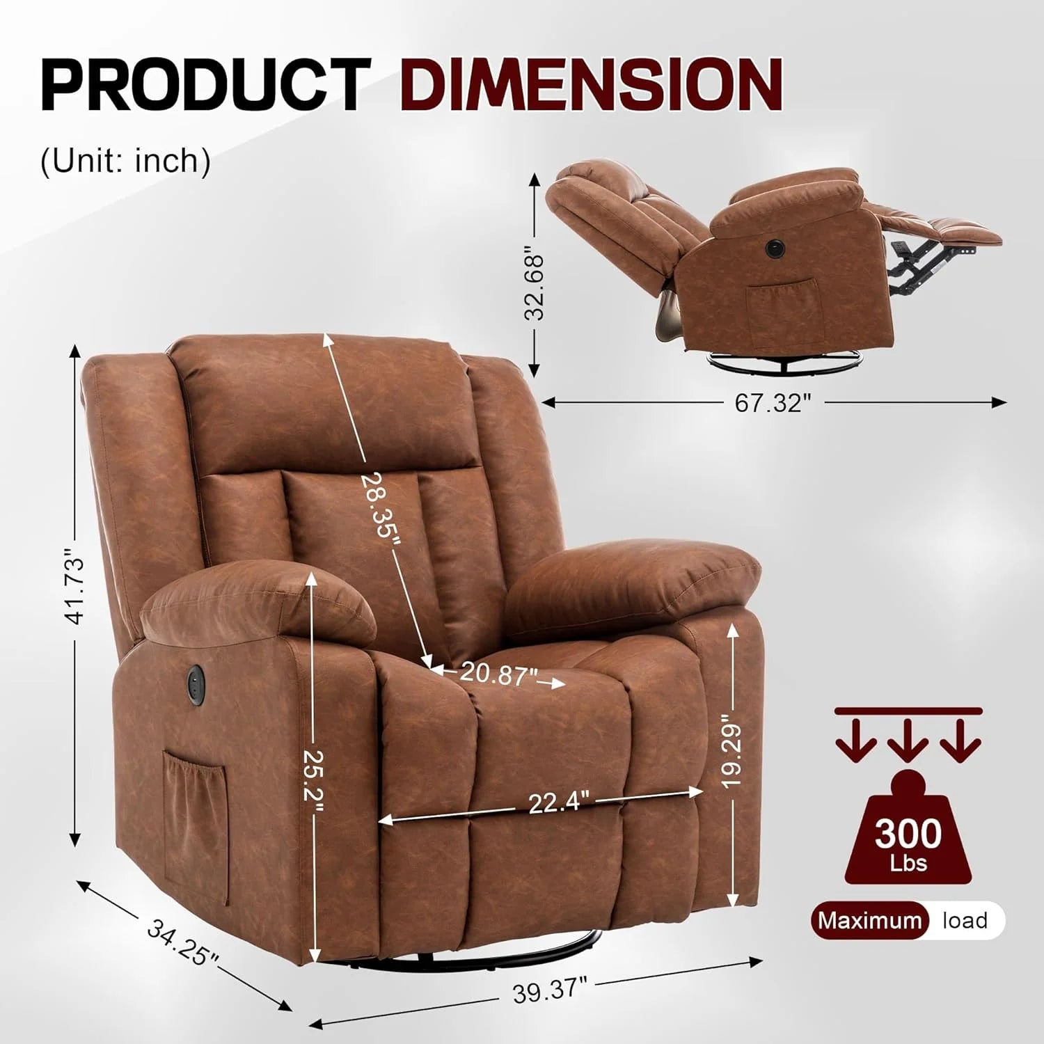 Rocker Recliner, Glider Recliner Chairs for Adults, 360�� Swivel Rocking Chair with Massage and Heating, Nursery Chair