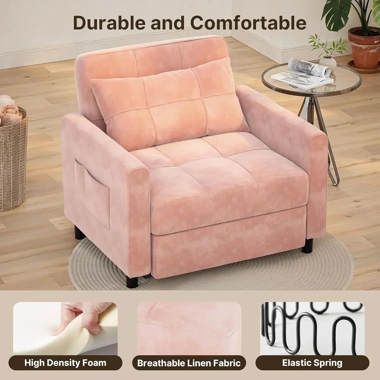 Sofa Bed Chair 3 in 1 Convertible Pullout Single Sleeper Chair Bed Spacious Multifunctional Sofa