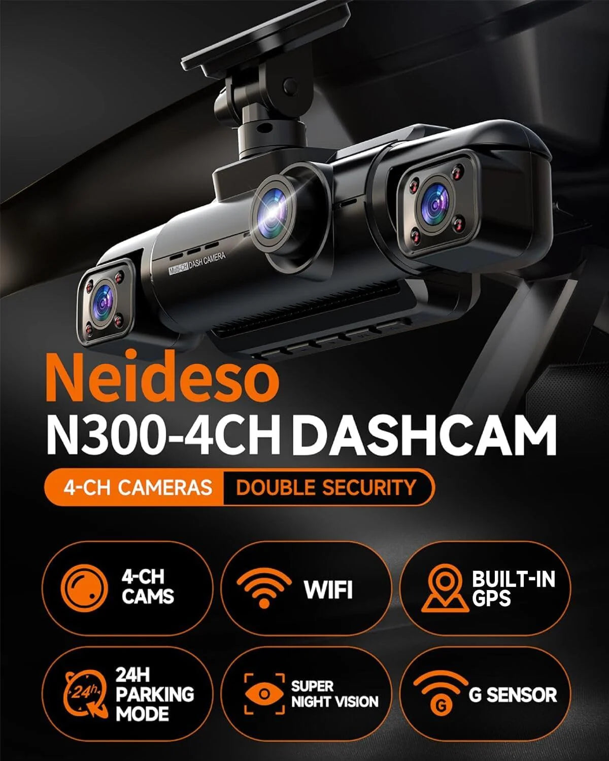 360�� Dash Cam 4-Channel FHD 4*1080P Wi-Fi GPS Voice Control Car Camera, Front 2K+1080P*2 Dash Cam, with 64GB SD Card, Night Vision, 24-Hour Parking Mode