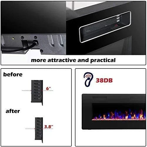 R.W.FLAME 60 Recessed and Wall Mounted Electric Fireplace Low Noise Fit for 2 x 6 Stud