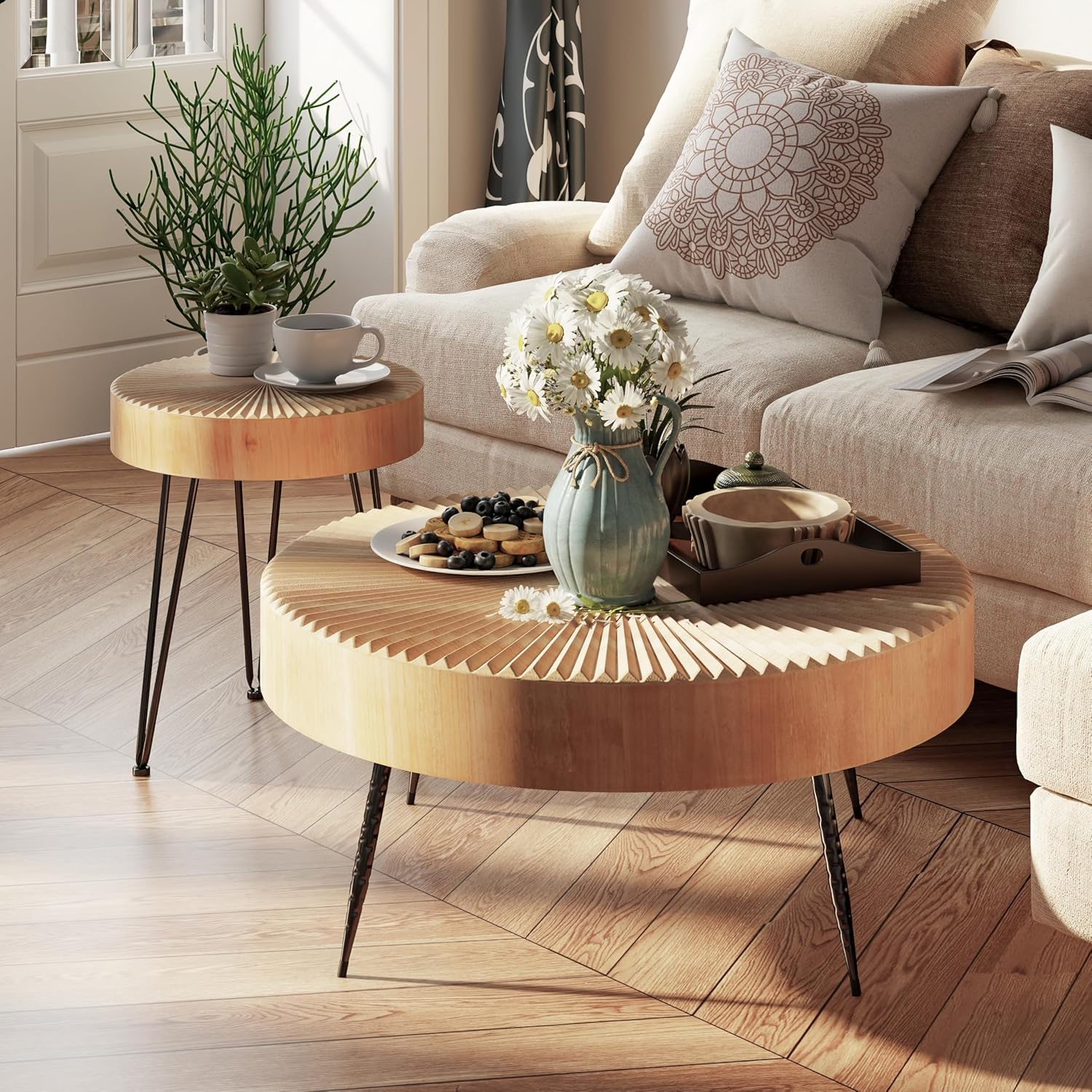 Two-Piece Modern Farmhouse Living Room Coffee Table Set Round Nesting Tables