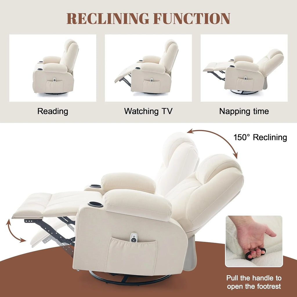 Large Swivel Rocking Recliner with Heating and Massage Function, 360 Degree Swivel Rocking Single Sofa