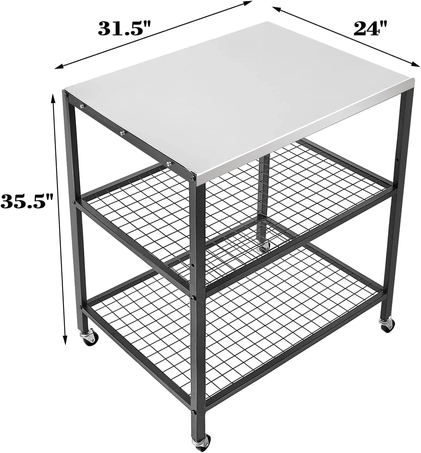 Stainless Steel Outdoor Grill Cart Pizza Oven Stand Trolley Table with Wheels Three-Shelf Movable Food Prep and Work Table Heavy Duty Grill Carts Outdoor Cart 31.5×24×35.5