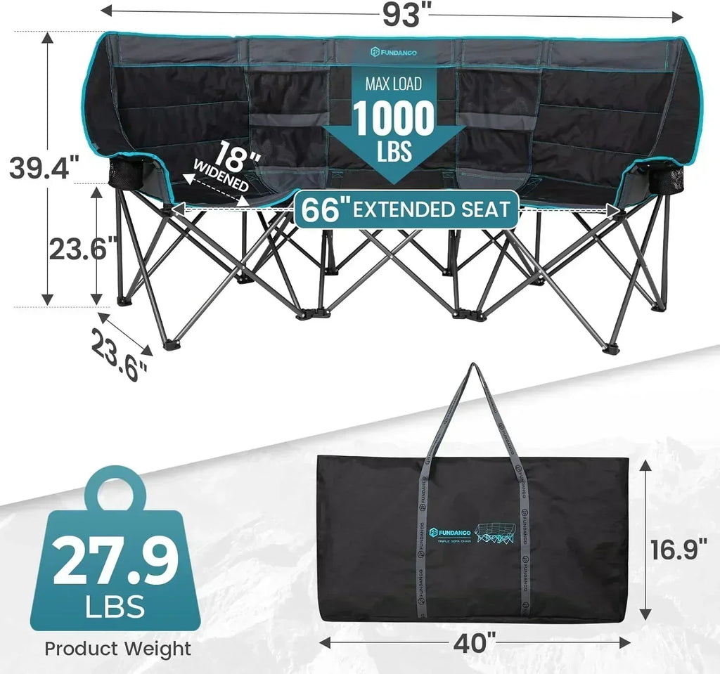 Double Camping Chair Cooler 3-Person Folding Extra Large Camping Chair 1000-Pound Capacity