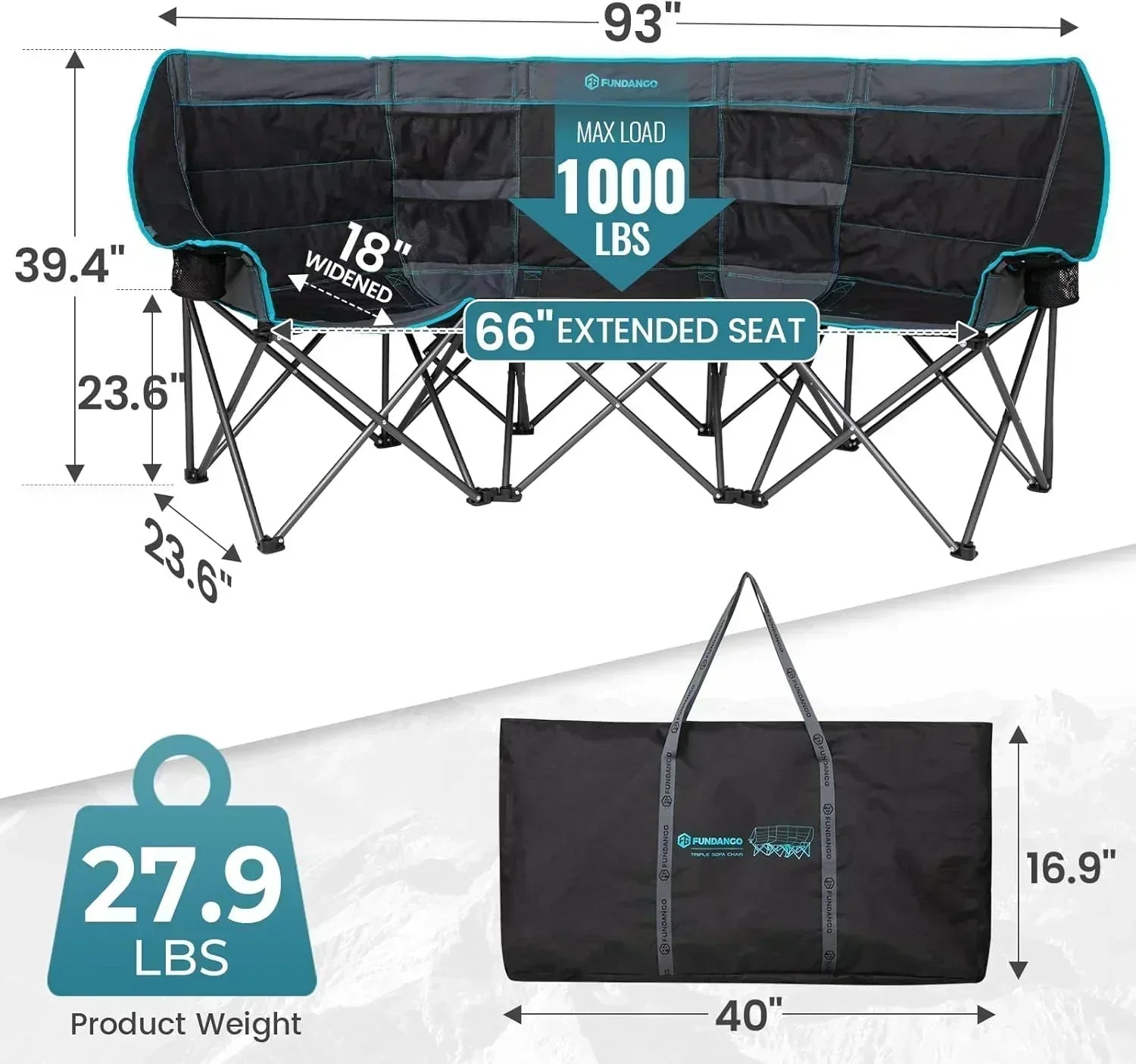 Double Camping Chair Cooler 3-Person Folding Extra Large Camping Chair 1000-Pound Capacity
